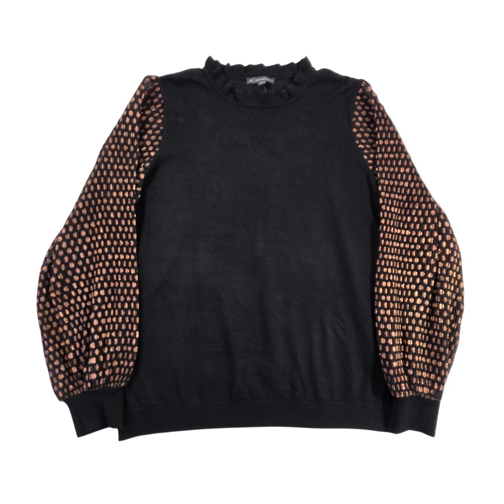 Adrianna‎ Papell Black Copper Metallic Dot Balloon Sleeve Ruffle Neck Sweater S